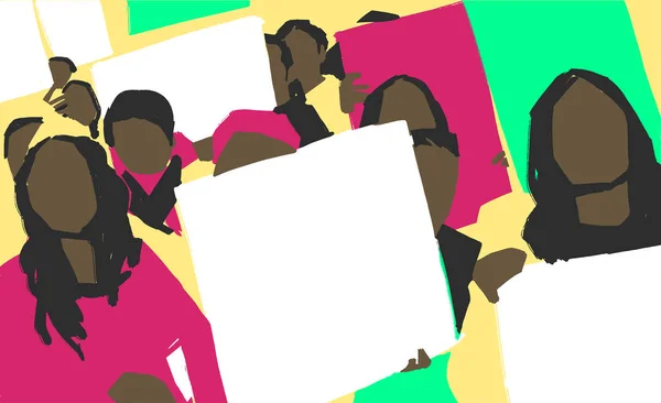 Pintura Ilustração Estilizada Mulheres Africanas Protesto Marcha Com Sinais Branco —  Vetores de Stock
