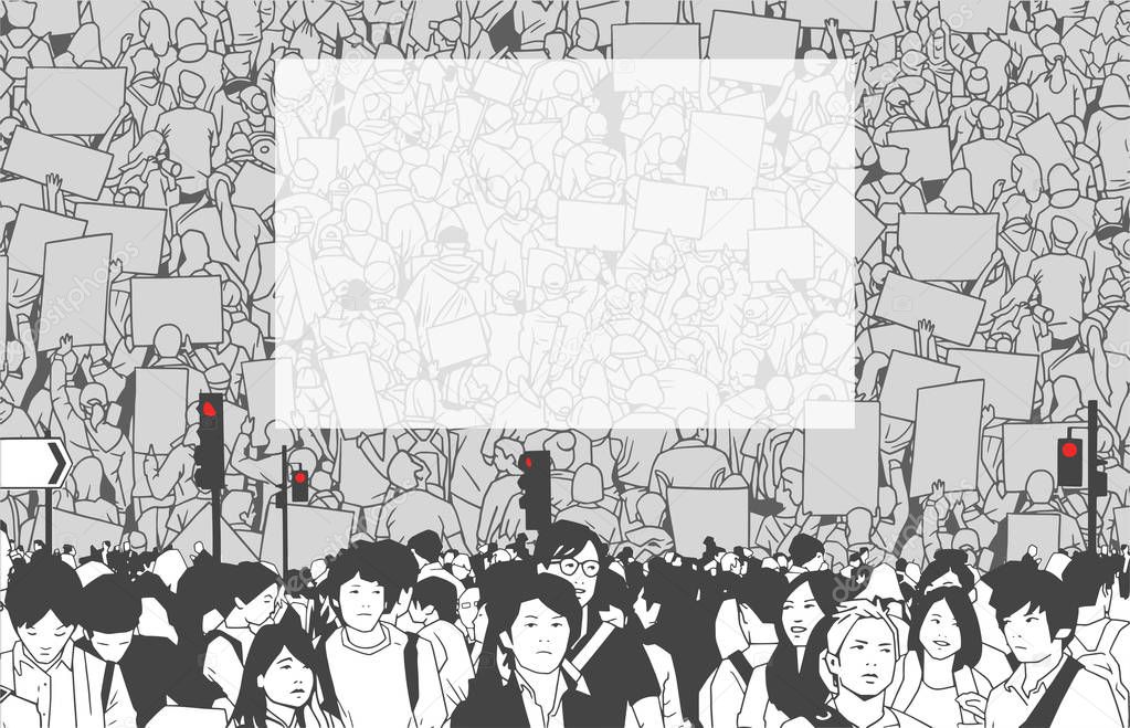 Illustration of dertailed crowd protest demonstration with large blank banner