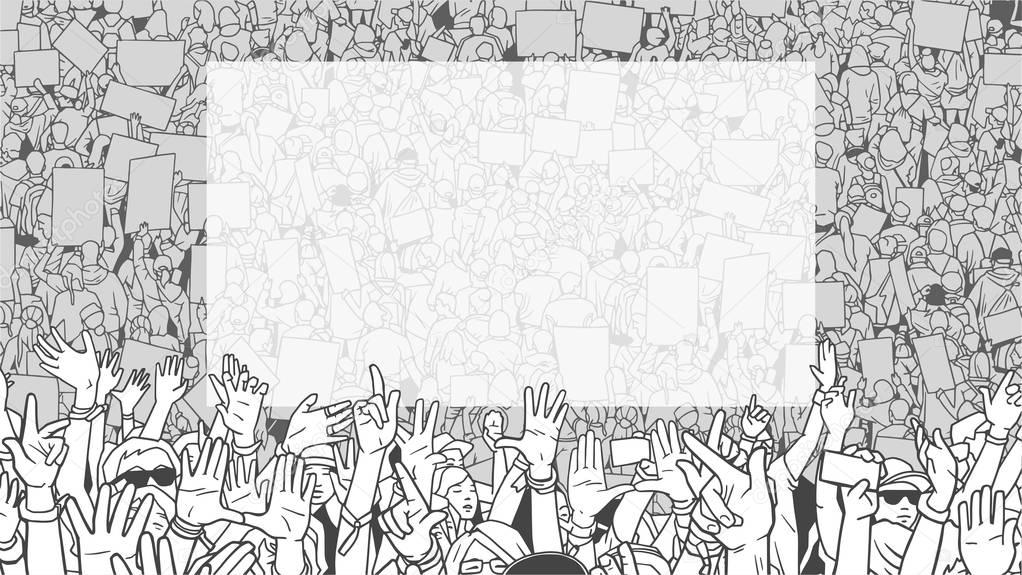 Illustration of dertailed crowd protest demonstration with large blank banner