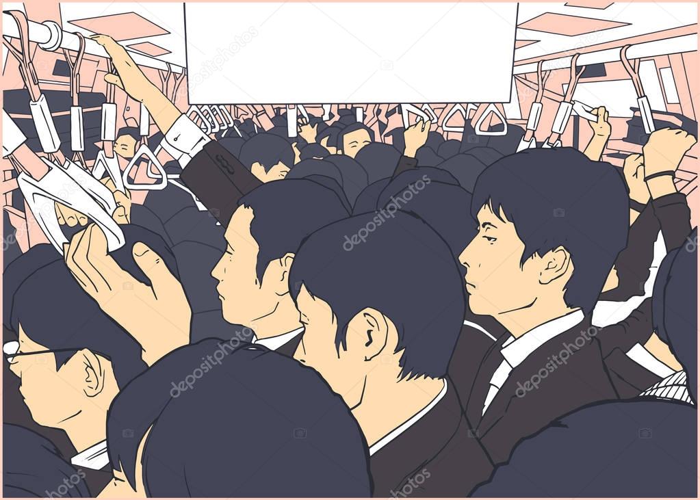 Illustration of salary men in crowded metro, subway cart in rush hour