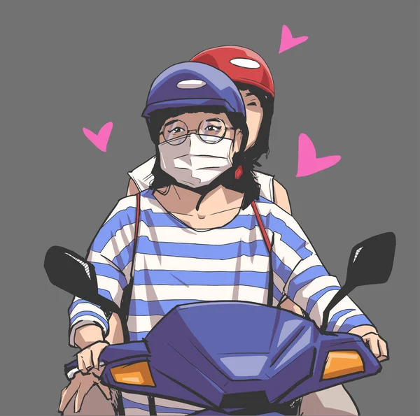 バイク フェイス マスク ヘルメット 眼鏡とオートバイに乗って女の子の隔離された図 — ストックベクタ