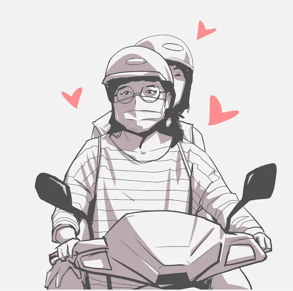 バイク フェイス マスク ヘルメット 眼鏡とオートバイに乗って女の子の隔離された図 — ストックベクタ