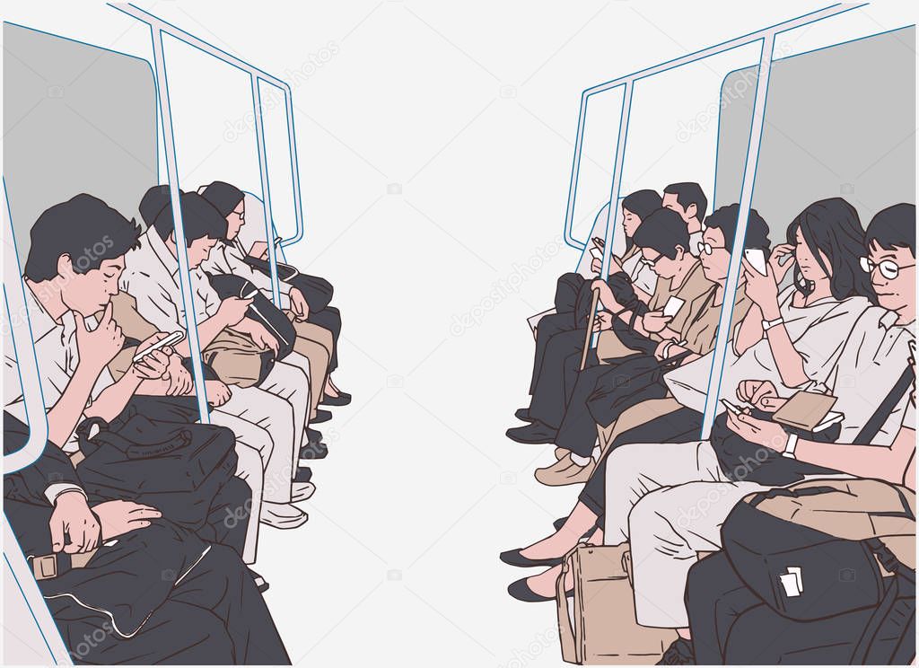 Illustration of people using public transport, train, subway, metro