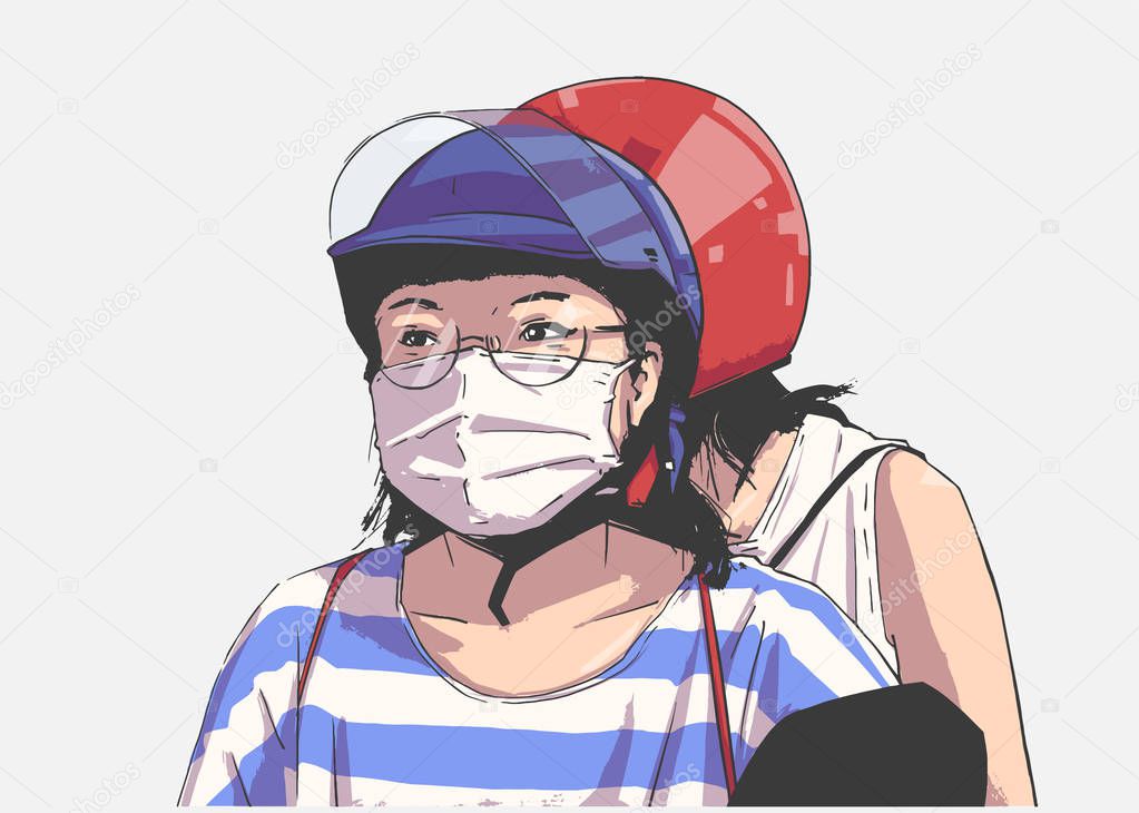 Isolated illustration of girls riding motorbike, motorcycle with face mask, helmet and glasses