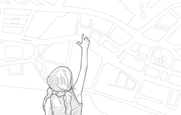 Ilustración Una Chica Joven Mirando Señalando Destino Mapa Grande — Vector de stock