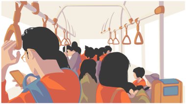 Illustration of people using public transport, bus, train, metro, subway clipart