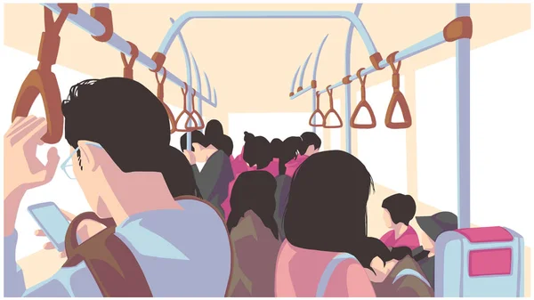 Illustration Personer Som Använder Kollektivtrafik Buss Tåg Tunnelbana Tunnelbanan — Stock vektor