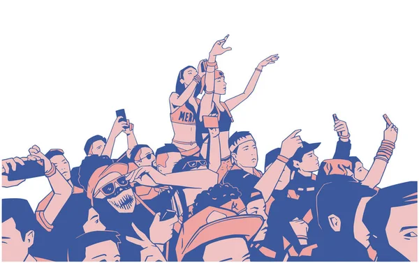 Ilustração Grande Multidão Croncert Pessoas Torcendo Festa Festival Com Mãos — Vetor de Stock