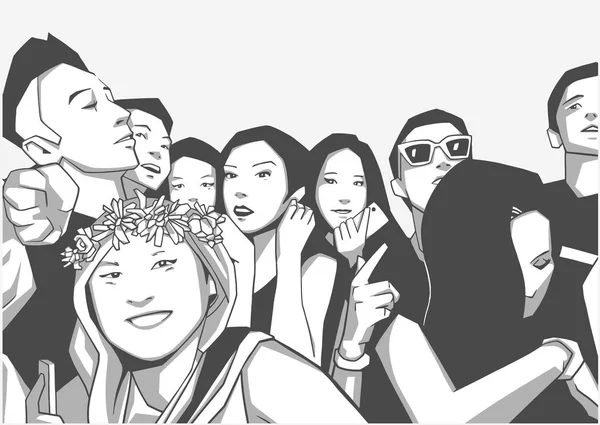 Canlı Konser Tezahürat Genç Asyalı Öğrenci Arkadaş Grubu Çizimi — Stok Vektör