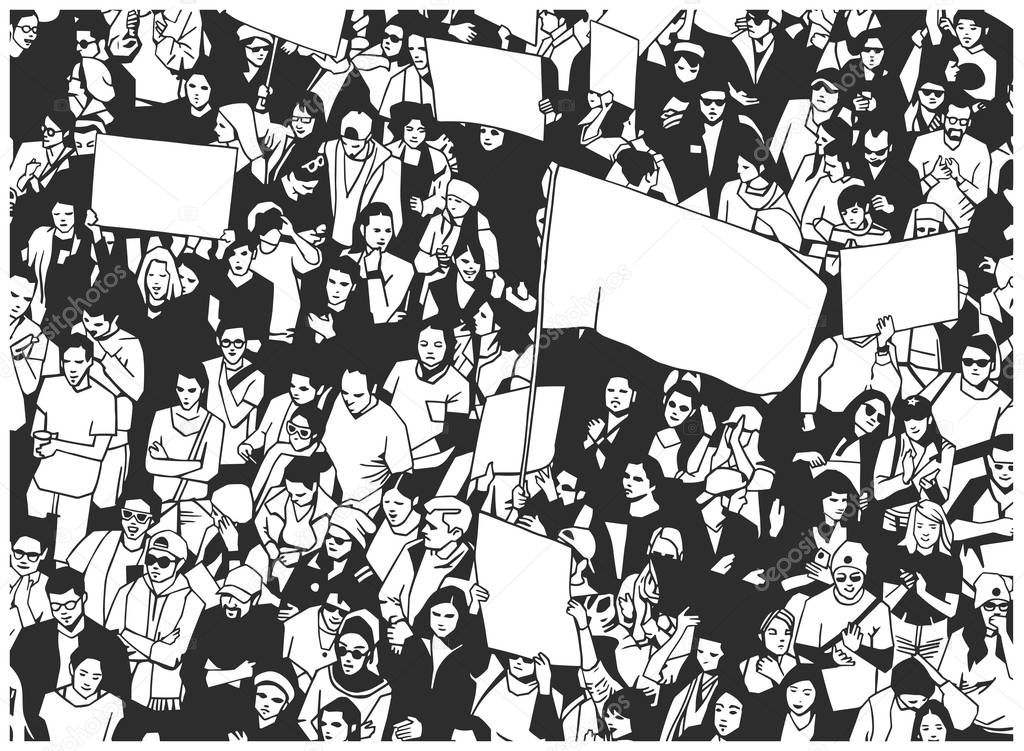 Illustration of large protesting crowd with sings banners and flag