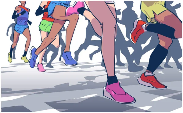 Illustration Marathon Coureurs Longue Distance Foule Personnes — Image vectorielle