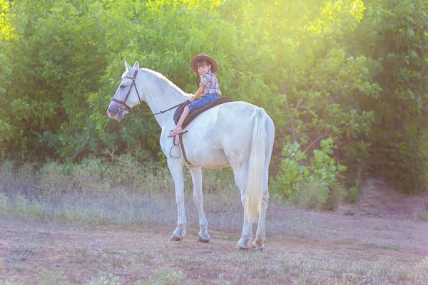 Das Mädchen mit dem Hut sitzt auf einem Pferd — Stockfoto