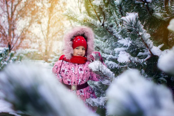 La niña en una chaqueta de invierno en un paisaje de invierno — Foto de Stock