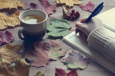 Bir defter bir kelime sonbahar el kalemi ile yazıyor