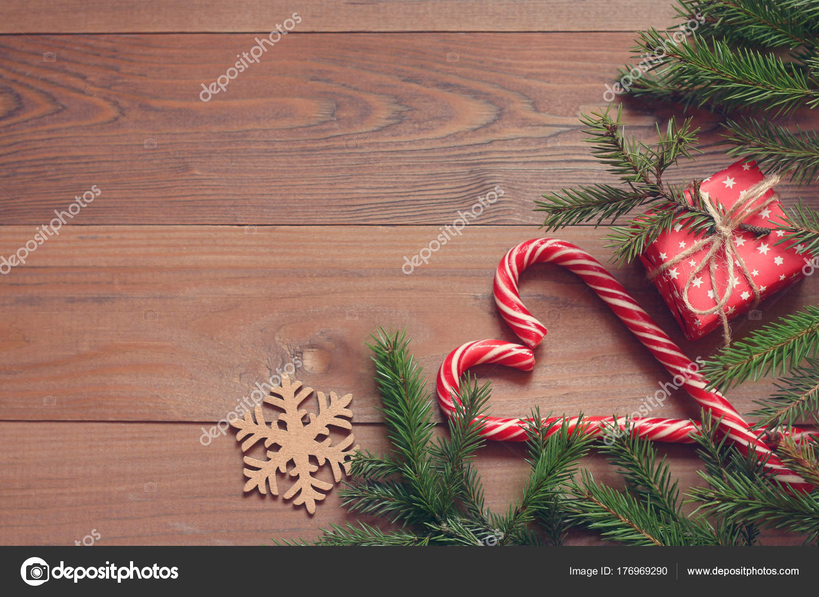 Christmas Background Red White Lollipops Gift Box Wooden