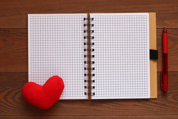 Open Notebook Pen Red Plush Heart Wooden Table — Stock Photo, Image