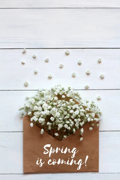 Gipsofila Blüten Einem Papierumschlag Mit Der Unterschrift Frühling Kommt Auf — Stockfoto