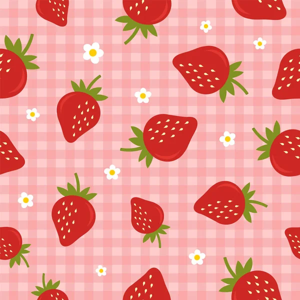 Nahtloses Vektormuster Mit Erdbeeren Auf Kariertem Rosa Hintergrund — Stockvektor