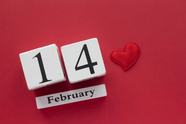 February Wooden Calendar Red Background Happy Valentines Day Top View — Stock Photo, Image
