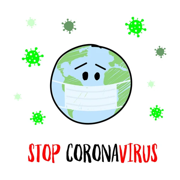 Pare Conteúdo Vetor Coronavírus Planeta Terrestre Desenhado Mão Uma Máscara — Vetor de Stock
