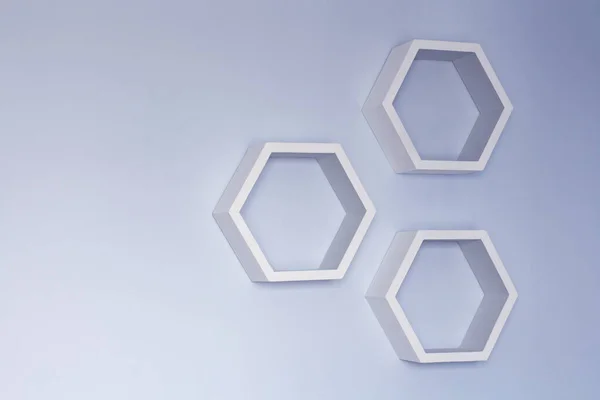 Hexagon Van Hout Witte Plank Een Blauwe Muur — Stockfoto