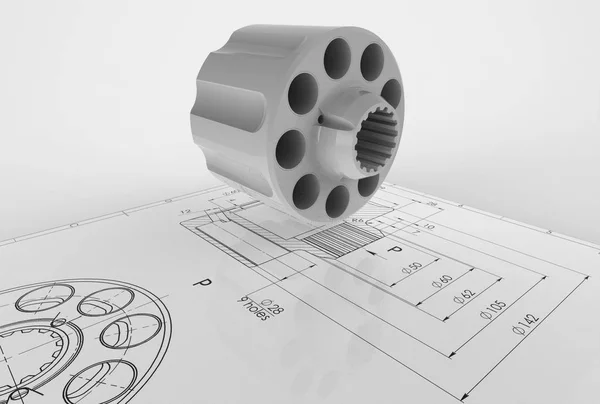 Illustrazione 3d del disegno meccanico con dettaglio — Foto Stock