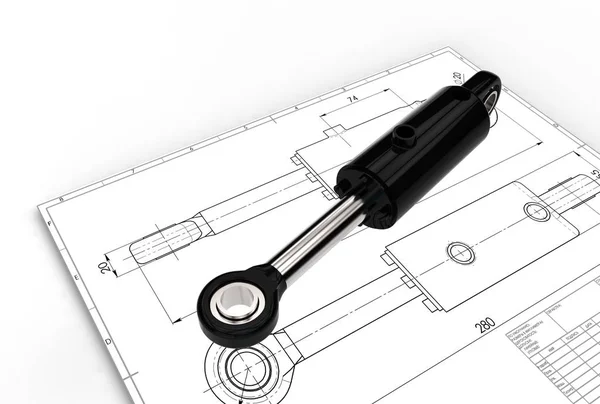 3D illustratie van hydraulische cilinder — Stockfoto