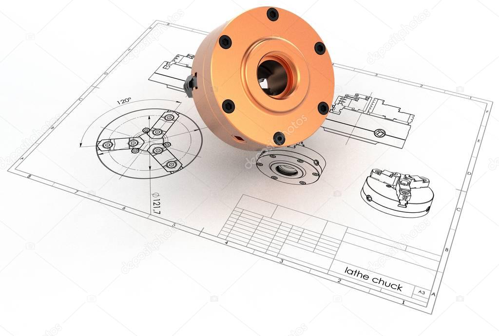 3d illustration of lathe chucks