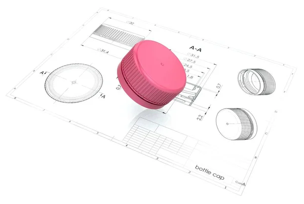 3d illustration of plastic bottle cap above engineering drawing