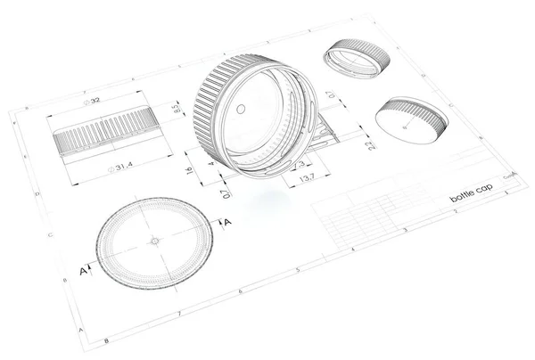 Ilustracja Tworzyw Sztucznych Zakrętkę Powyżej Engineering Rysunku — Zdjęcie stockowe