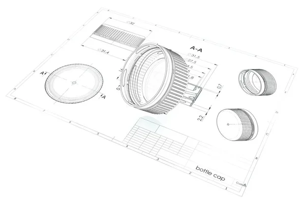 3d illustration of plastic bottle cap above engineering drawing