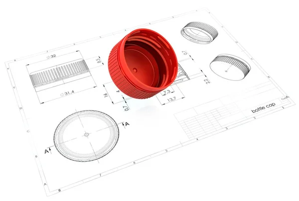 3d illustration of plastic bottle cap above engineering drawing