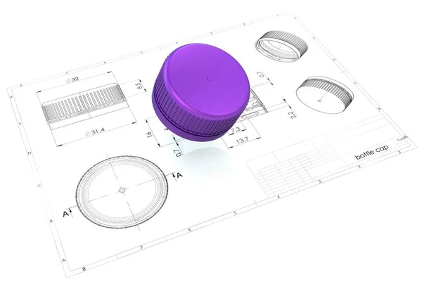 3d illustration of plastic bottle cap above engineering drawing