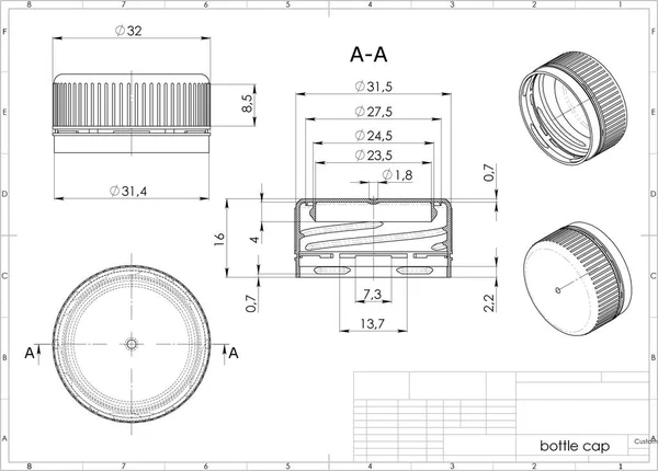 3d illustration of plastic bottle cap above engineering drawing