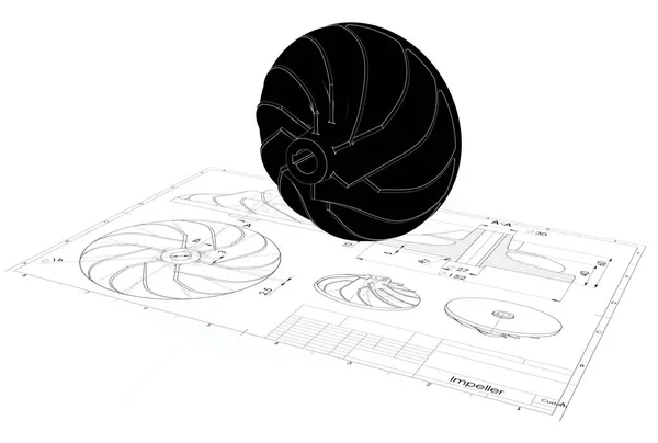 Ilustración Del Impulsor Turbo Por Encima Del Dibujo Ingeniería —  Fotos de Stock