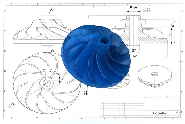 Ilustración Del Impulsor Turbo Por Encima Del Dibujo Ingeniería — Foto de Stock