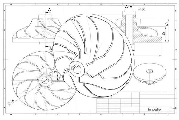 Ilustración Del Impulsor Turbo Por Encima Del Dibujo Ingeniería — Foto de Stock