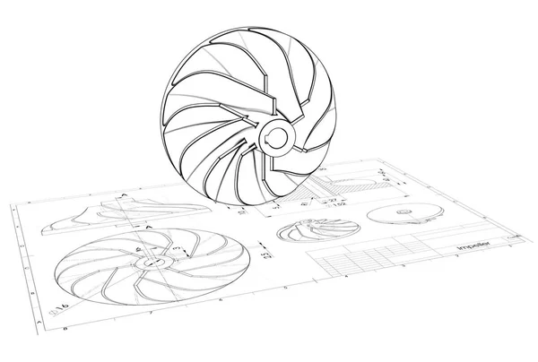 Turbo Fan Mühendislik Çizim Yukarıda Çizimi — Stok fotoğraf