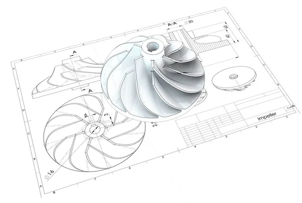 Ilustración Del Impulsor Turbo Por Encima Del Dibujo Ingeniería —  Fotos de Stock