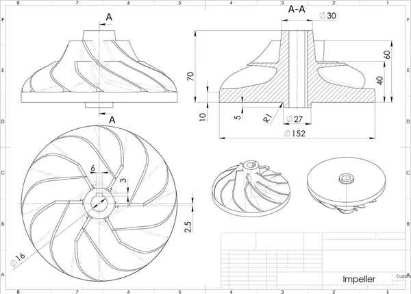 turbo fan Mühendislik Çizim yukarıda 3D çizimi