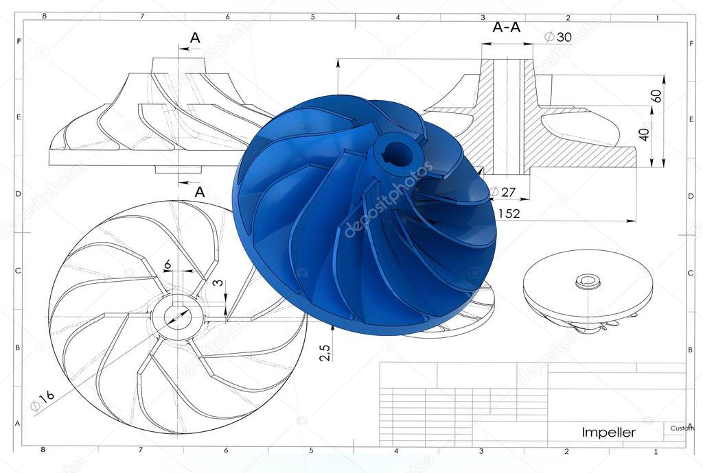 3D illustration of turbo impeller above engineering drawing