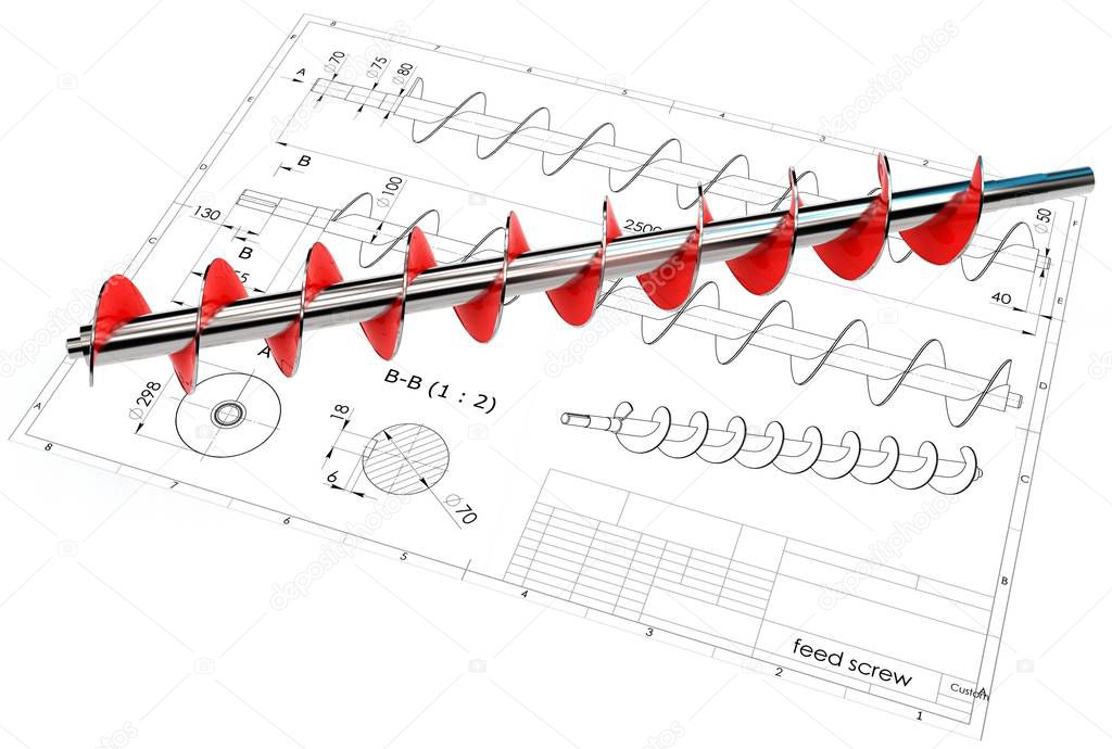 3d illustration of archimedes screw above engineering drawing