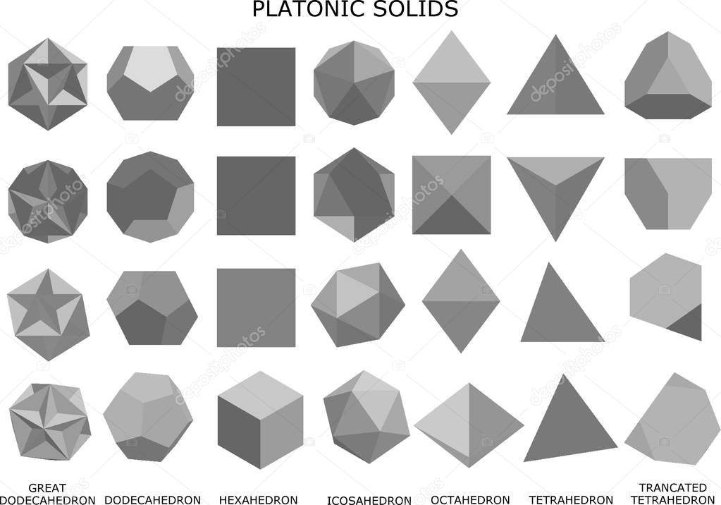 3d illustration of platonic solids isolated on white