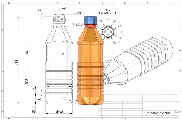 3d illustration of plastic bottle above engineering drawing