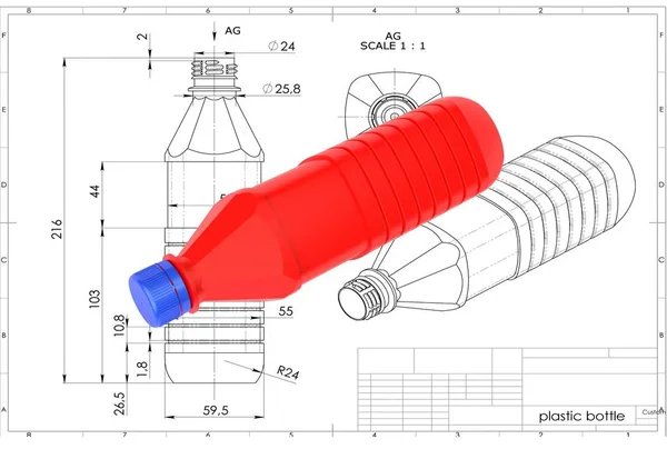 Illustratie Van Plastic Fles Boven Technische Tekening — Stockfoto