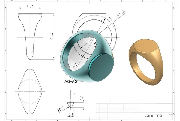 3D illustration of signet ring above engineering drawing