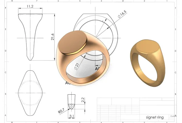 3D illustration of signet ring above engineering drawing