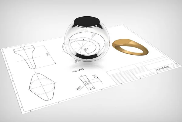 3D illustration of signet ring above engineering drawing