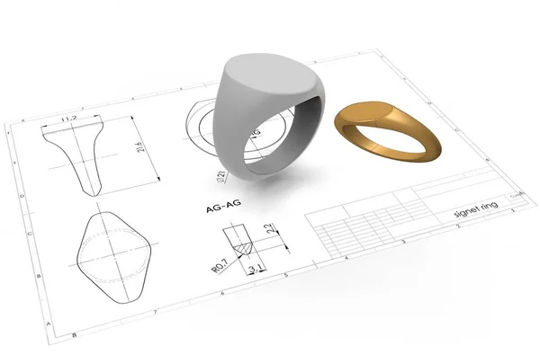 3D illustration of signet ring above engineering drawing