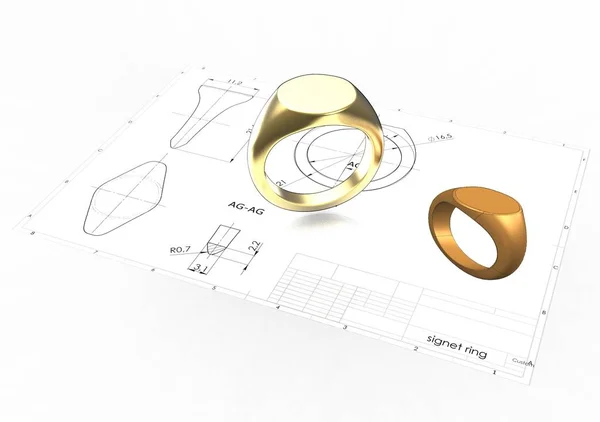 3D illustration of signet ring above engineering drawing